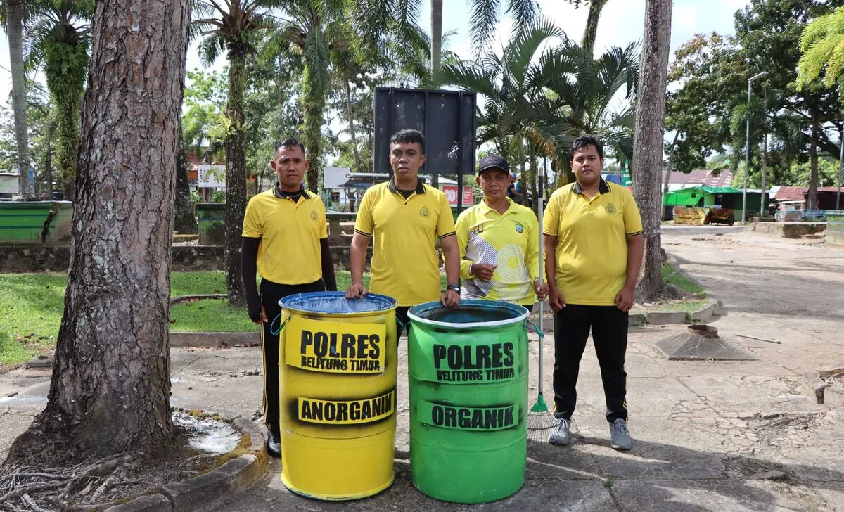 Sasar Taman Kota hingga Pasar, Polres Beltim Fasilitasi Tempat Sampah Baru di Pusat Keramaian