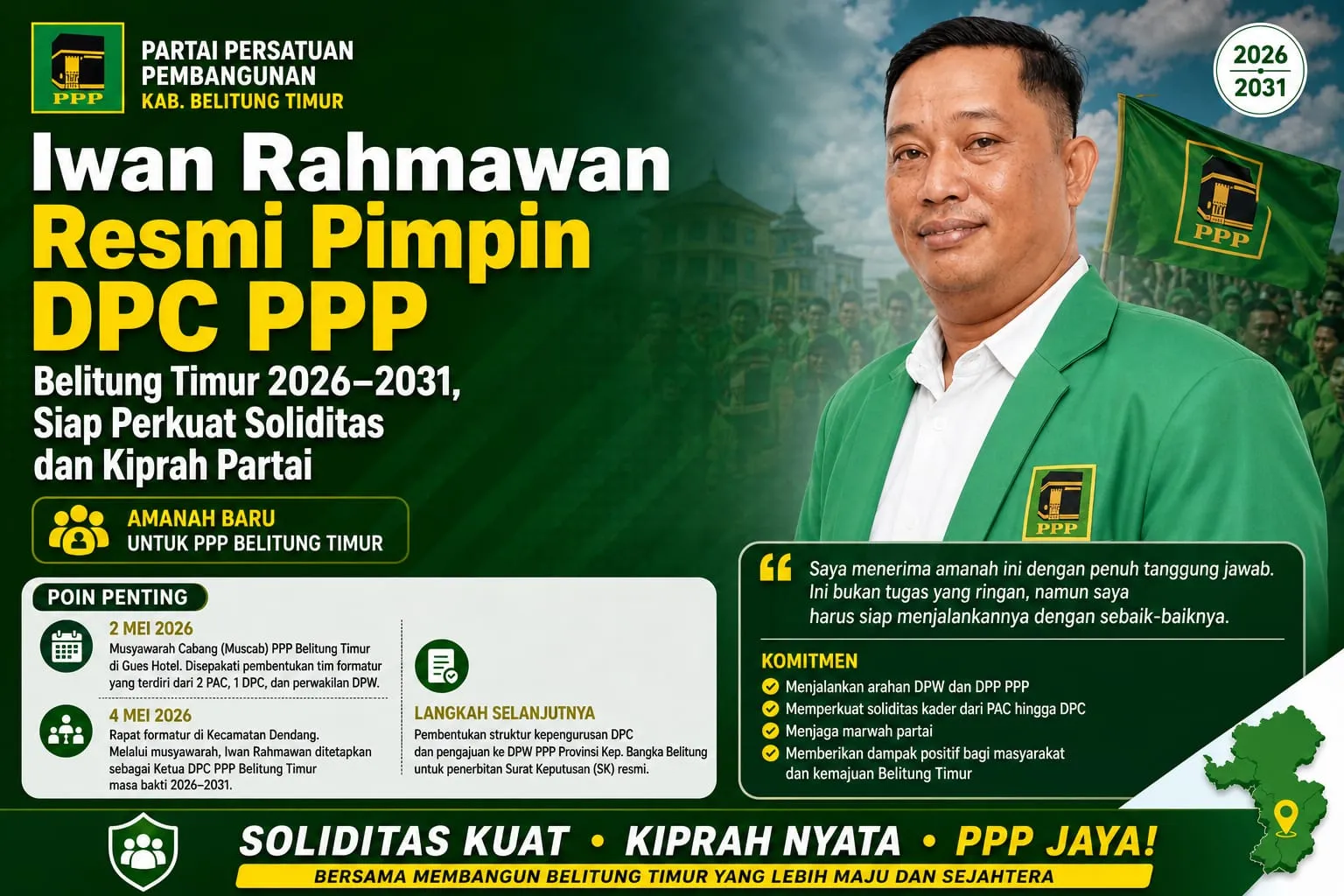 Resmi Pimpin DPC PPP Belitung Timur 2026-2031, Iwan Rahmawan Siap Perkuat Soliditas dan Kiprah Partai